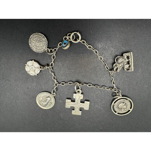 Vtg Sterling Silver 925 Dangle Charms Religious Cross Flower EvilEye Bracelet 7" - Picture 1 of 10